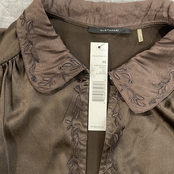 Elie Tahari Silk embroidered Blouse Chocolaté Color - Picture 2 of 3